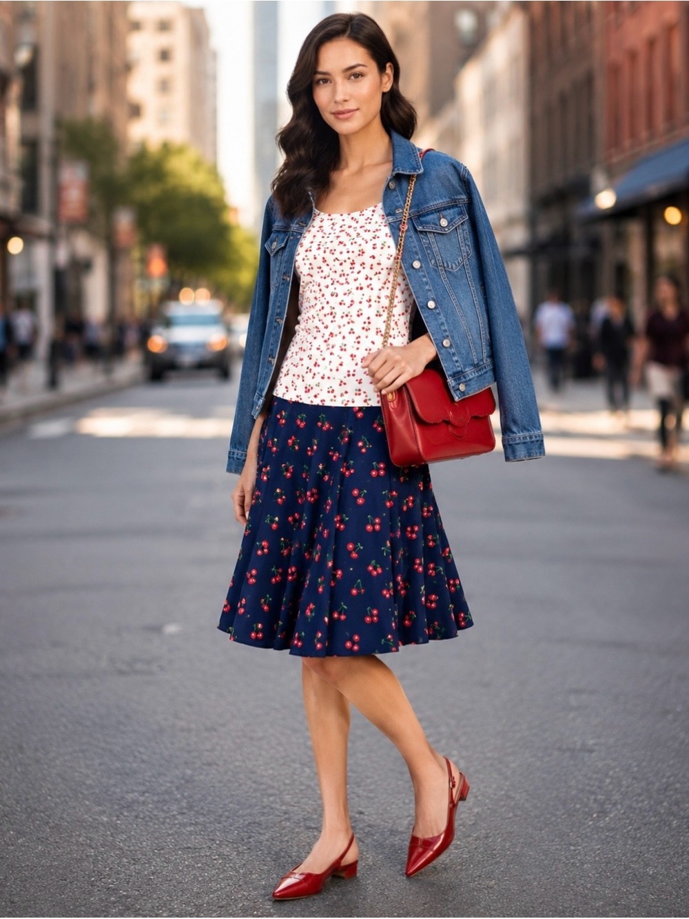 🍒 Talbots Cherry Print Flounce Skirt | Size 16W | Navy Red | Retro Pin-Up Midi